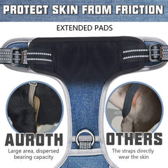 Arnés AUROTH denim azul con puntos de presión ergonómicos para comodidad.