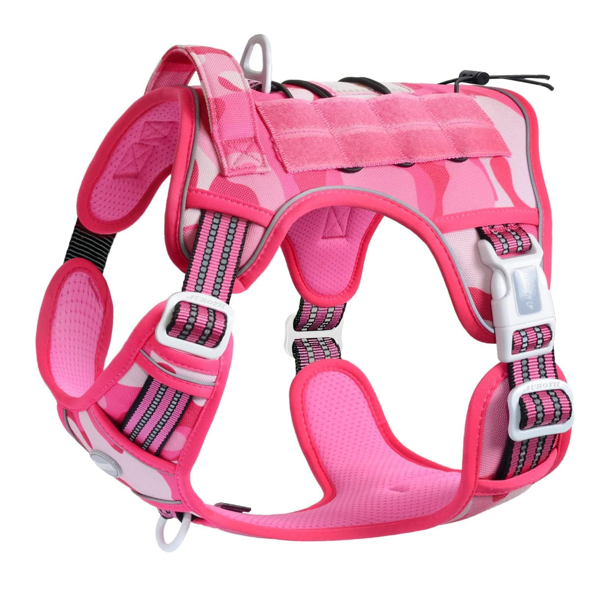 AUROTH arnés táctico rosa camuflaje, vista frontal, cómodo para paseos diarios.
