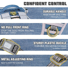 AUROTH arnés táctico para perro denim azul, detalle de ajuste para un ajuste personalizado.