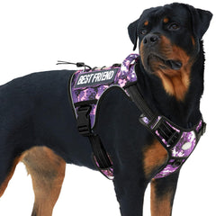 Arnés táctico AUROTH para perro XL en camuflaje morado, ajuste frontal cómodo.