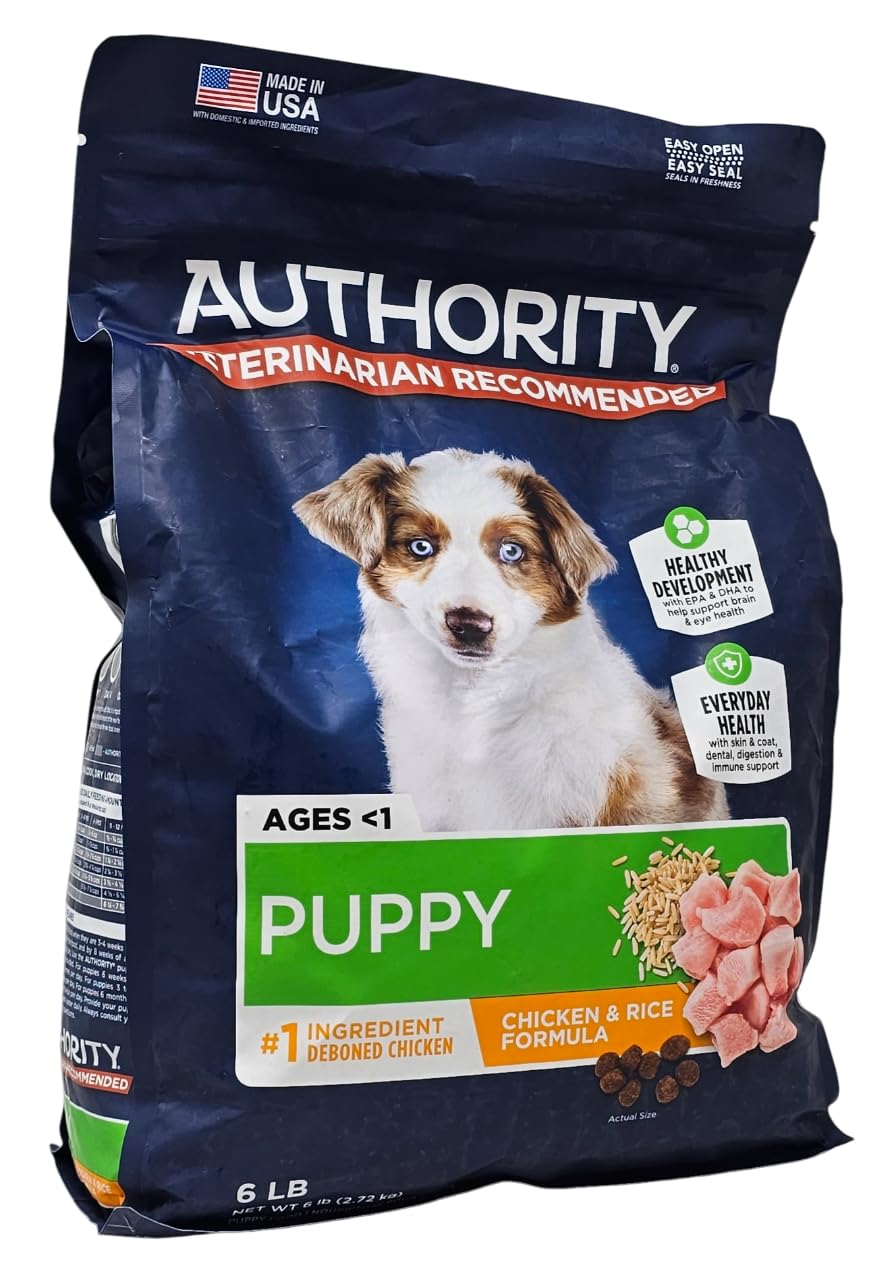 Authority cachorro-pollo-arroz, comiendo demuestra conveniencia de la bolsa diaria.
