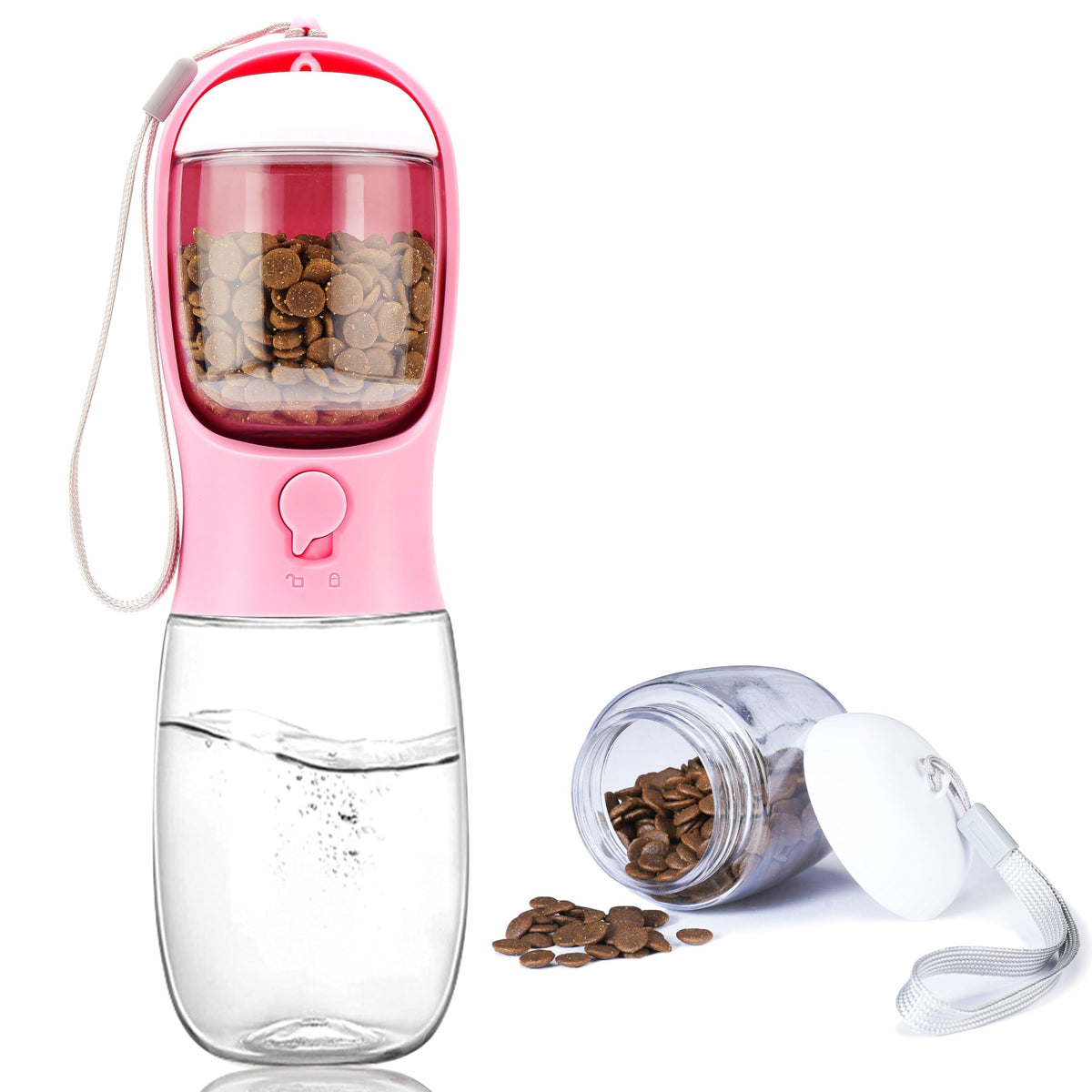 La botella AVELORA 2 en 1 para perros con comida, ideal para paseos.