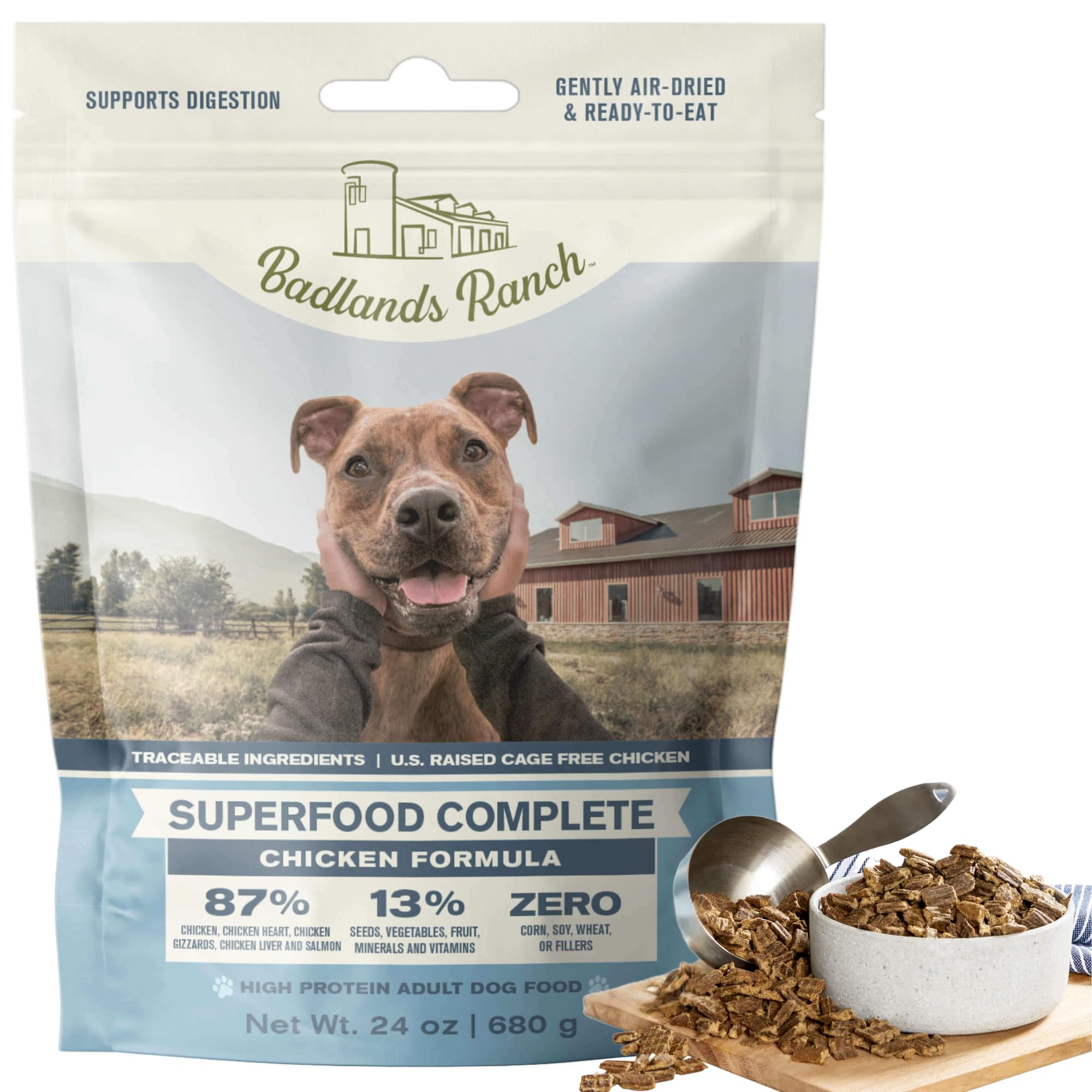 Badlands Ranch bolsa de alimento para perros con pollo deshidratado al aire, nutrición completa.