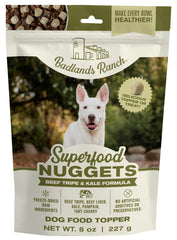 Badlands Ranch Nuggets: vista frontal de la bolsa, snack proteico para perros activos.