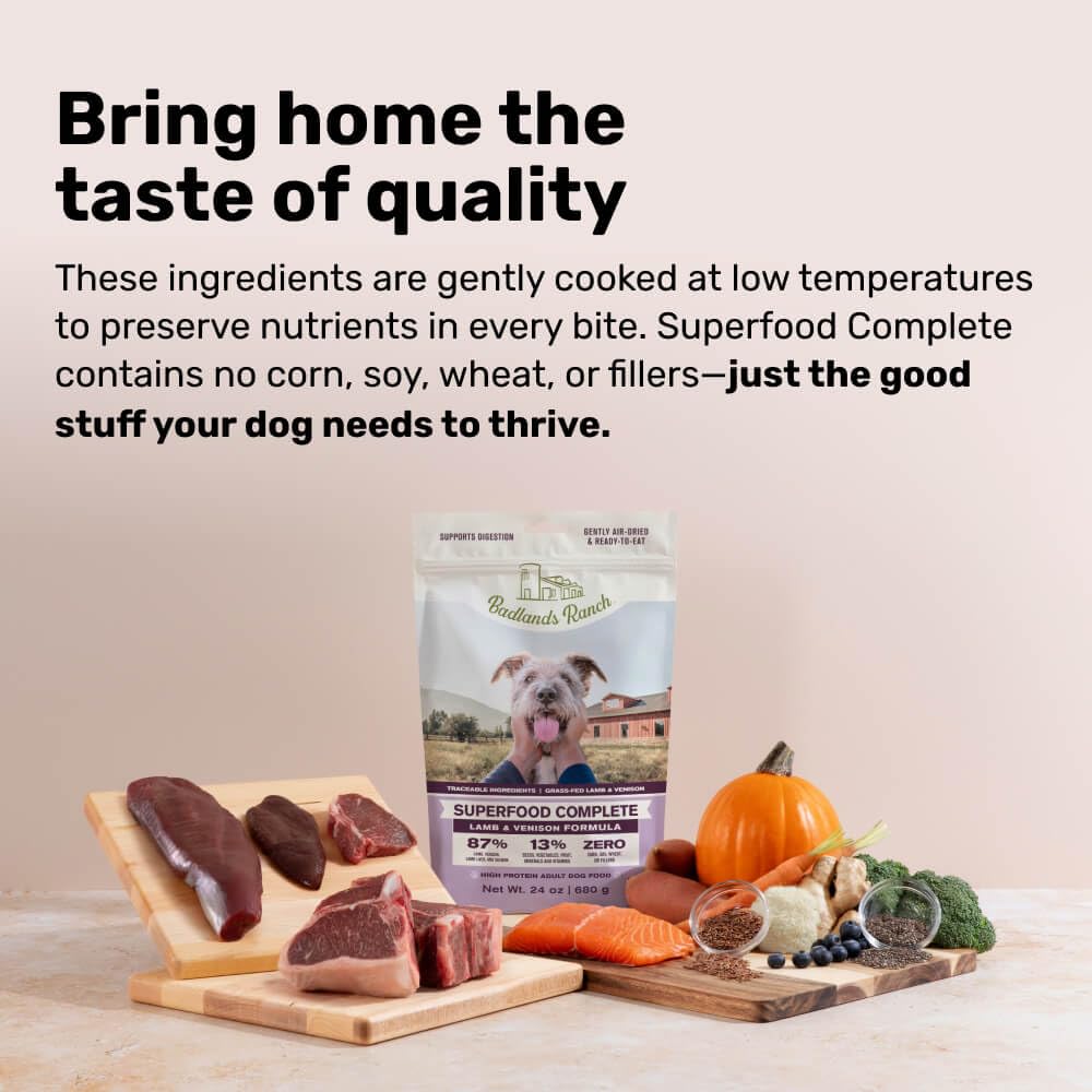 BADLANDS RANCH: ingredientes principales cordero, venado y salmón para perros.