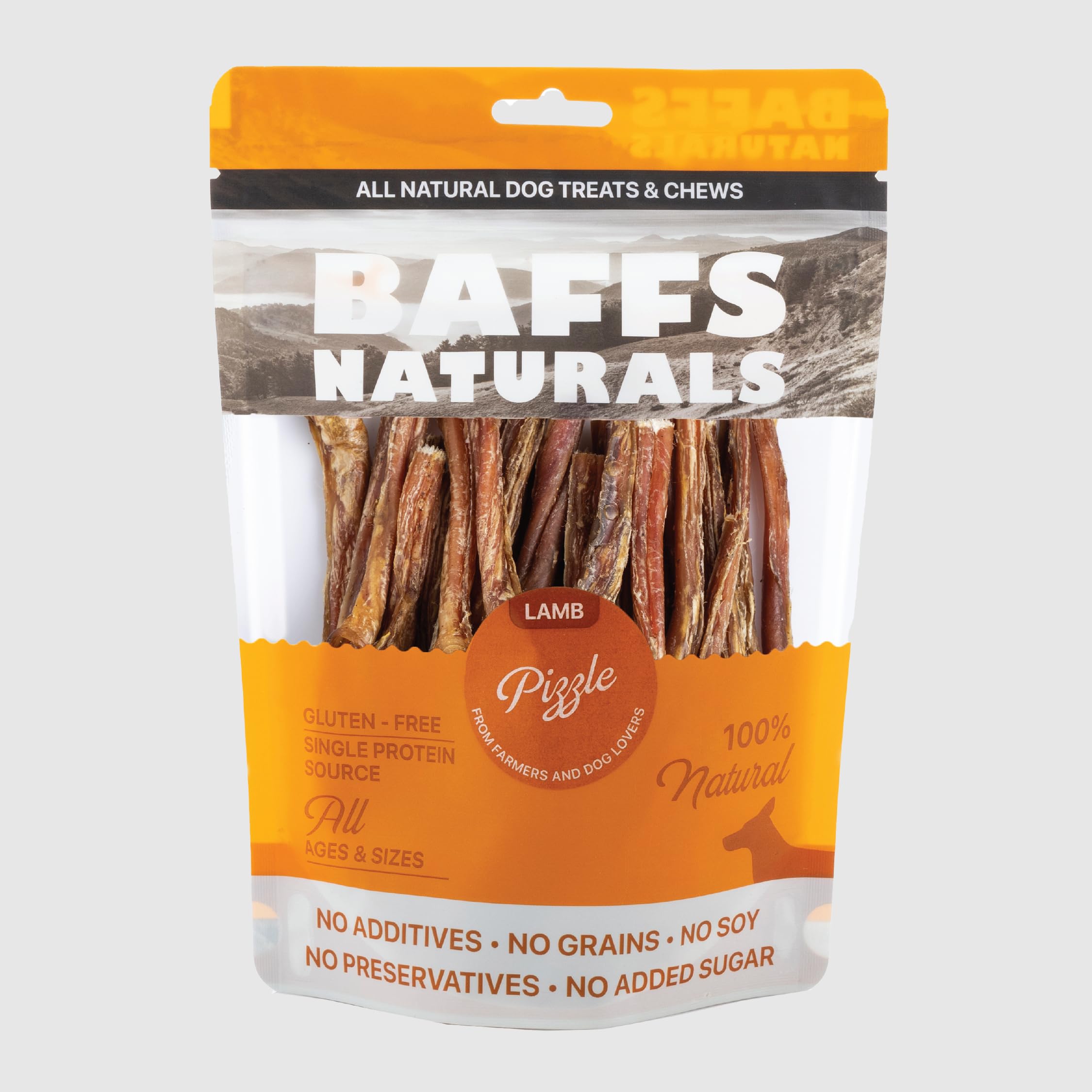 Baffs Naturals Palitos de Pizzle de Cordero en empaque de 8oz, snack natural para perros.