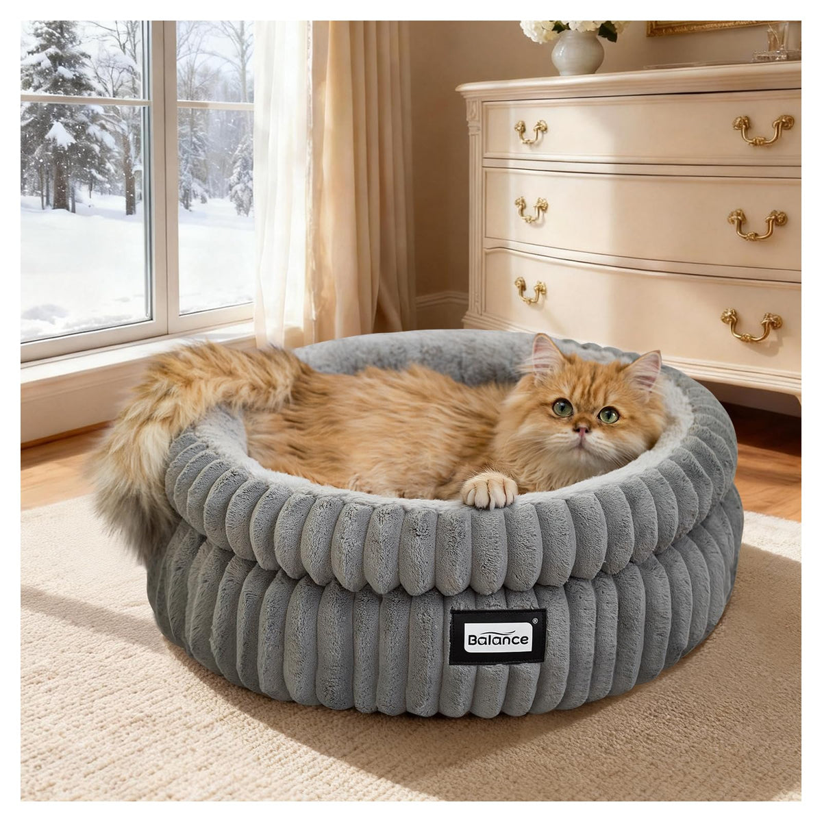 Cama BALANCE redonda de felpa para gatos, refugio suave y cómodo.