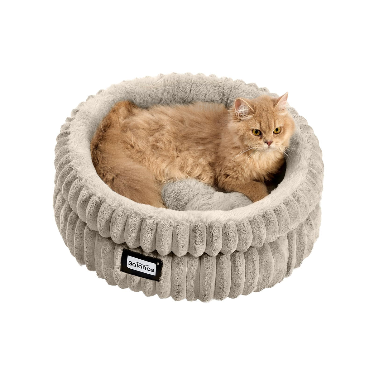 BALANCE cama-gato-redonda-peluche-suave refugio cálido para interiores.