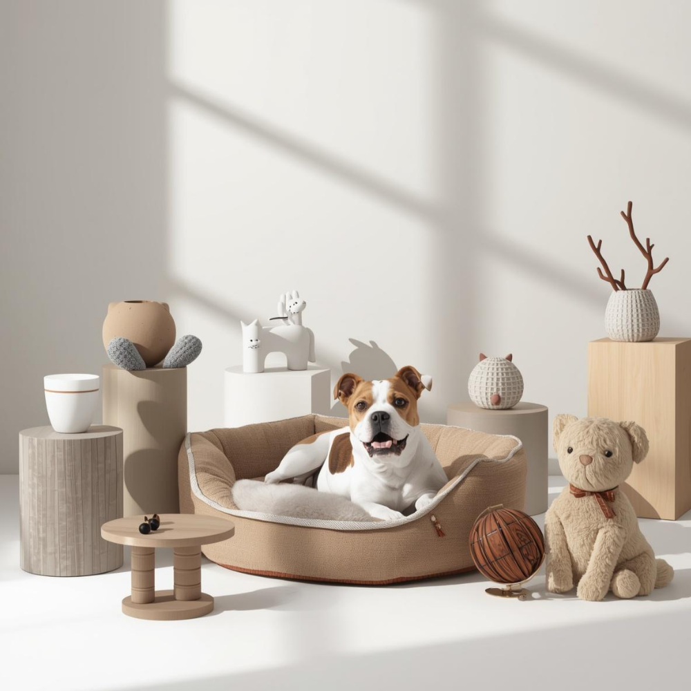 Productos para mascotas como camas, juguetes y accesorios en un entorno moderno