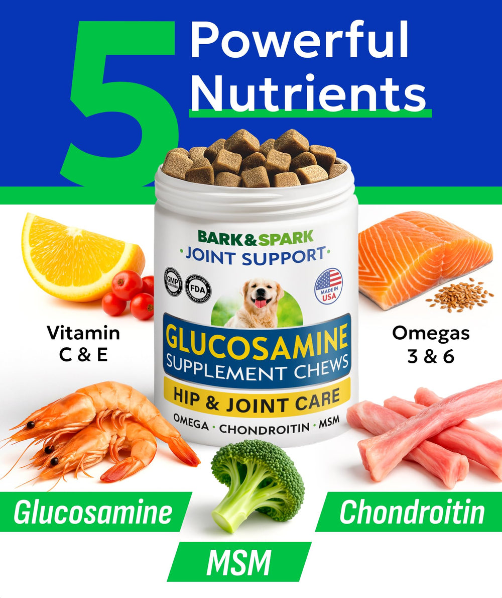 BARK&SPARK Ingredientes clave: glucosamina, condroitina y MSM para comodidad articular.