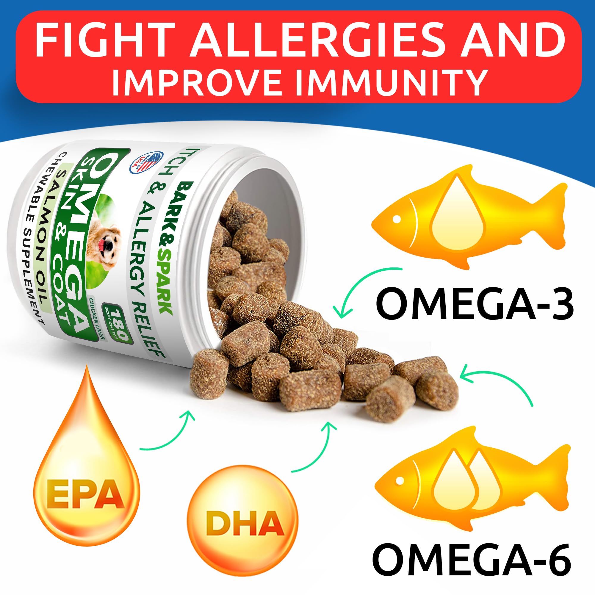 BARK&SPARK Omega3: golosinas sabor natural, ideal para pelaje más brillante.