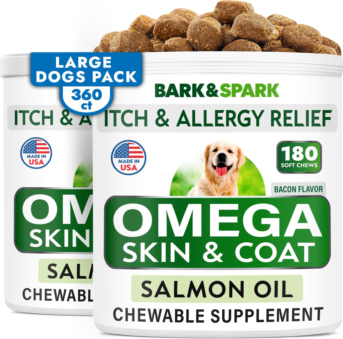 BARK&SPARK Omega 3 para perros, golosinas de aceite de salmón, sabor bacon.