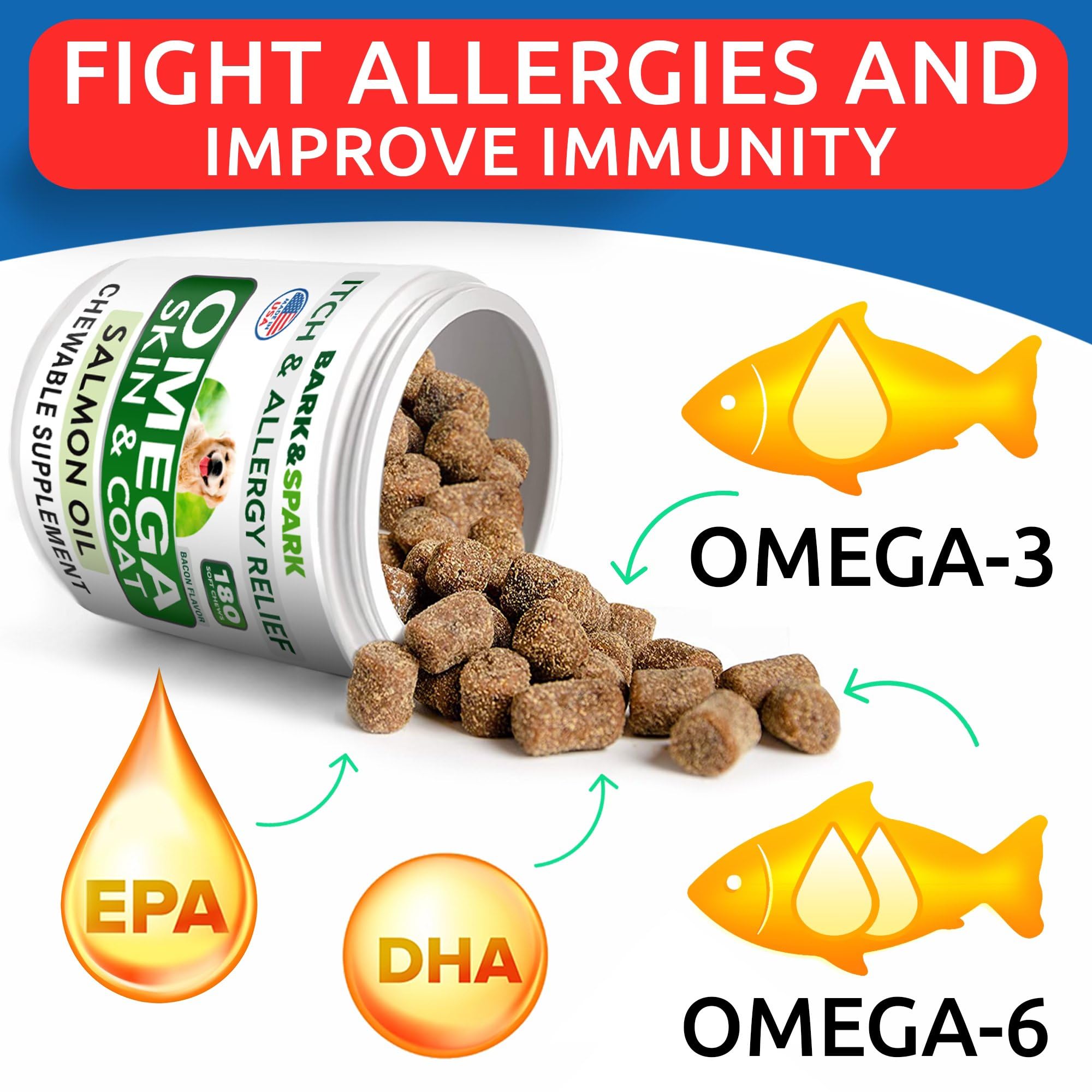 BARK&SPARK Omega 3 para perros, sabor bacon para comedores exigentes.