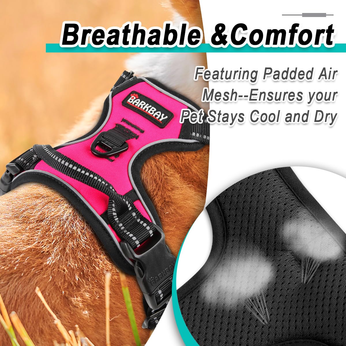BARKBAY arnés rosa para perros, ideal para paseos visibles y cómodos.