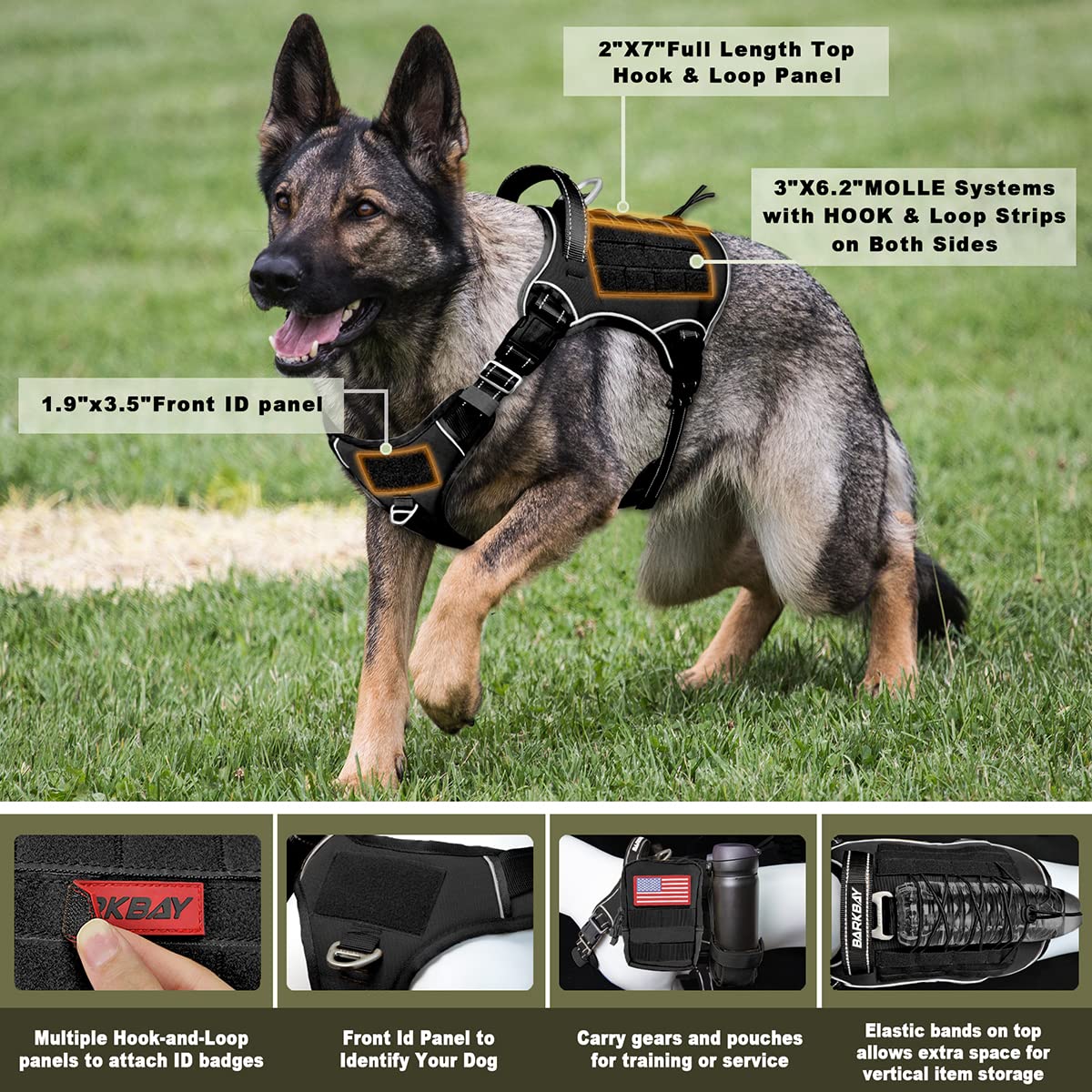BARKBAY arnés táctico con paneles MOLLE para accesorios en salidas largas.