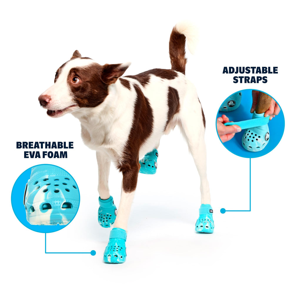 BarkBox Aqua Crocs: zapato con correa ajustable para ajuste cómodo.