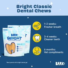 BarkBox Bright palitos dentales con crestas para una limpieza más profunda durante la masticación.