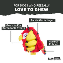 Barkbox Capitán Loro: núcleo de goma natural para masticación duradera.