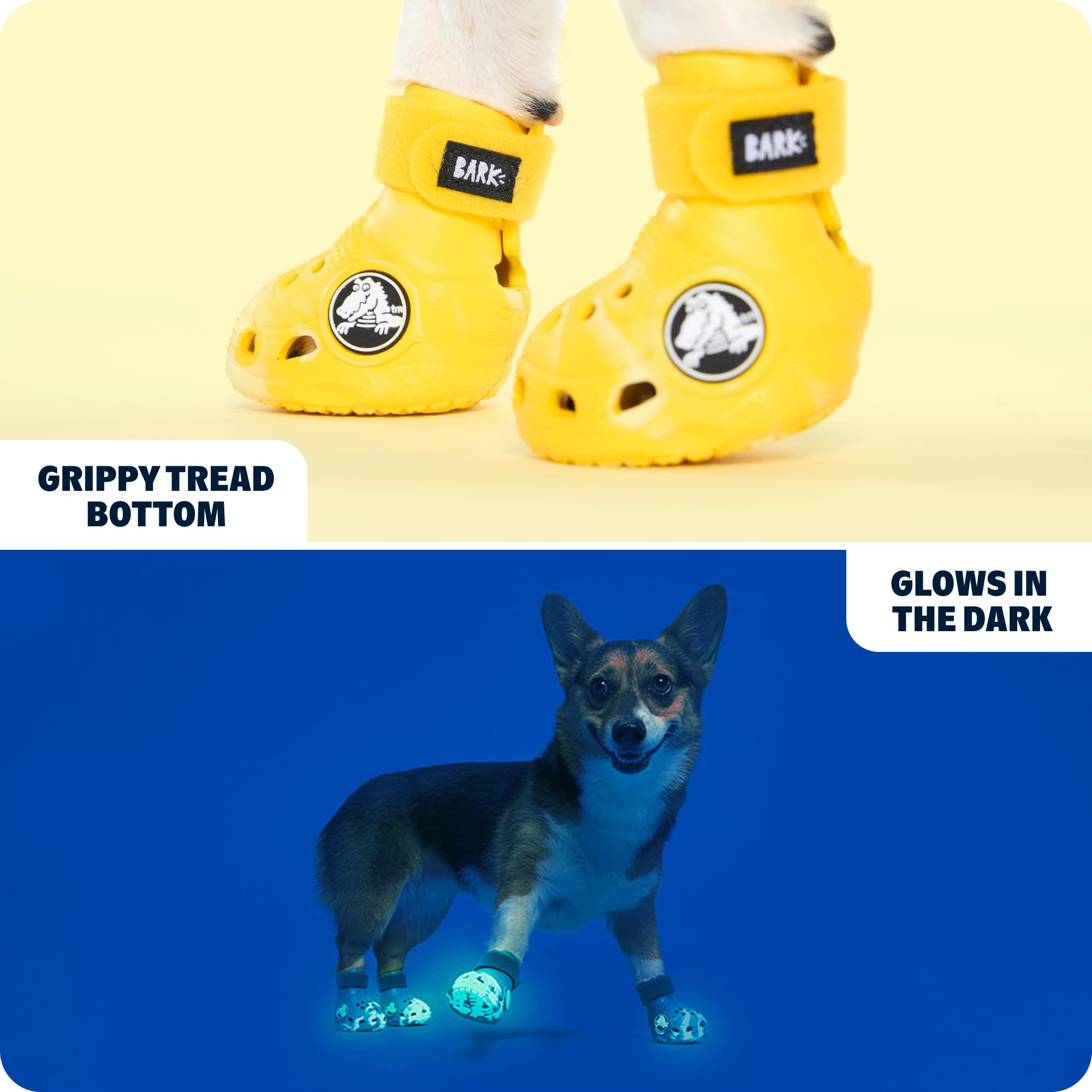 BarkBox Crocs amarillos con ventilación para patitas, confort en clima cálido