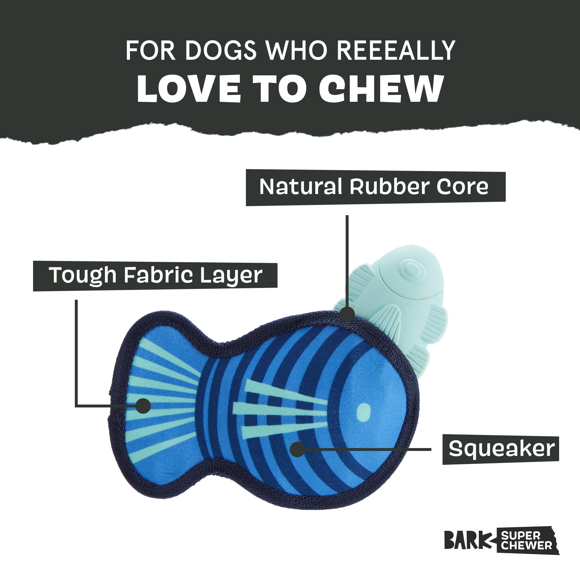 BarkBox Rad Herring: interior con pez de caucho chirriante para descubrir durante el juego.