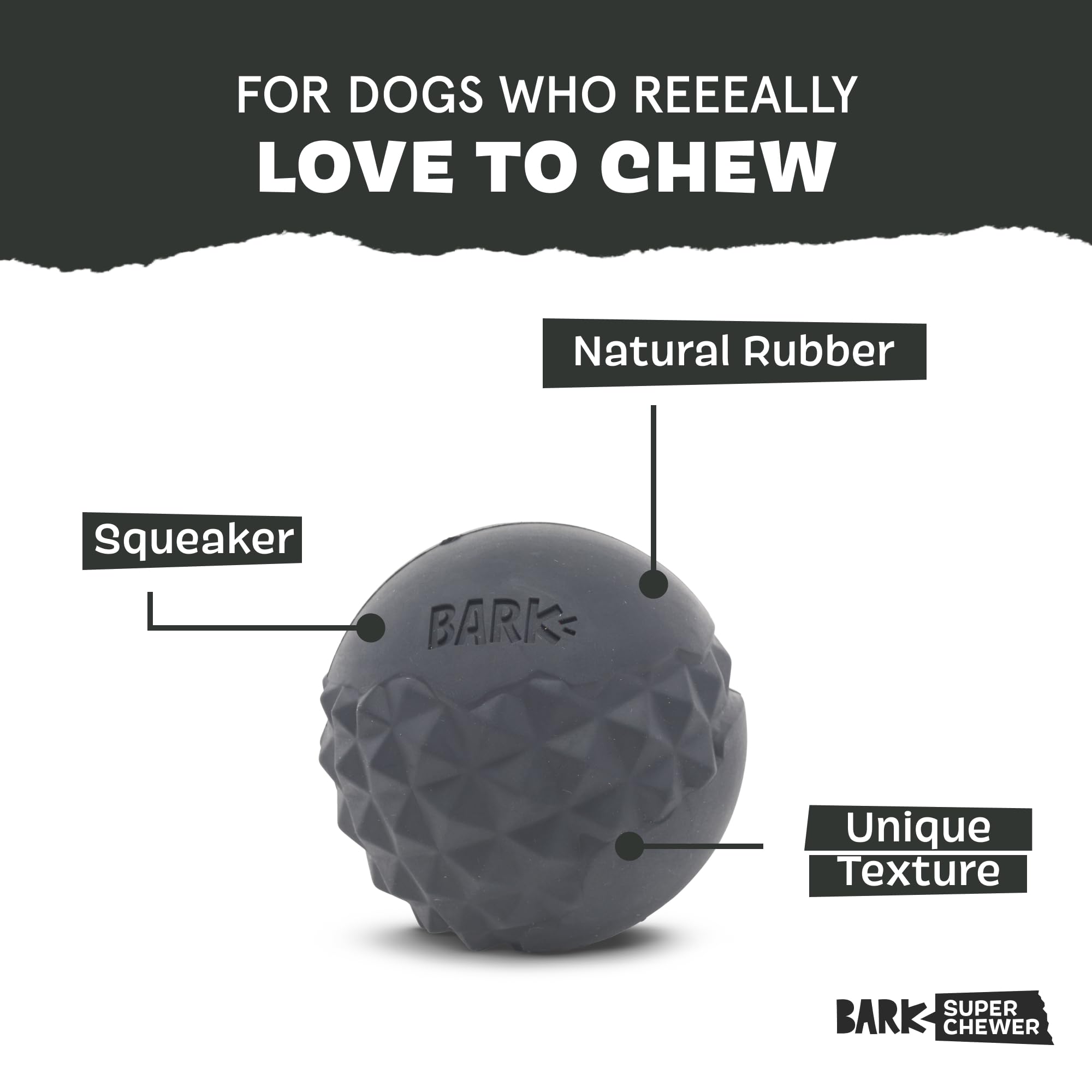Juguete con chirriador de BarkBox Super Chewer para mayor diversión y resistencia