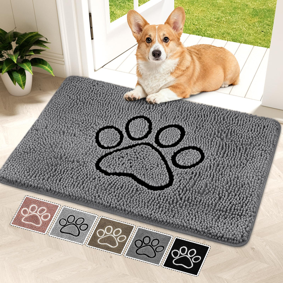 Alfombra absorbente Bcoimo para perros extendida en el umbral, ideal para patas mojadas.