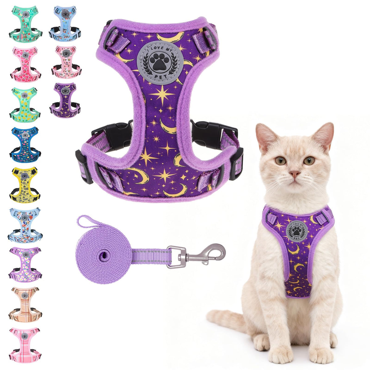 ARNÉS GATO BEAUTYZOO con chaleco estrella purpura para paseos seguros.