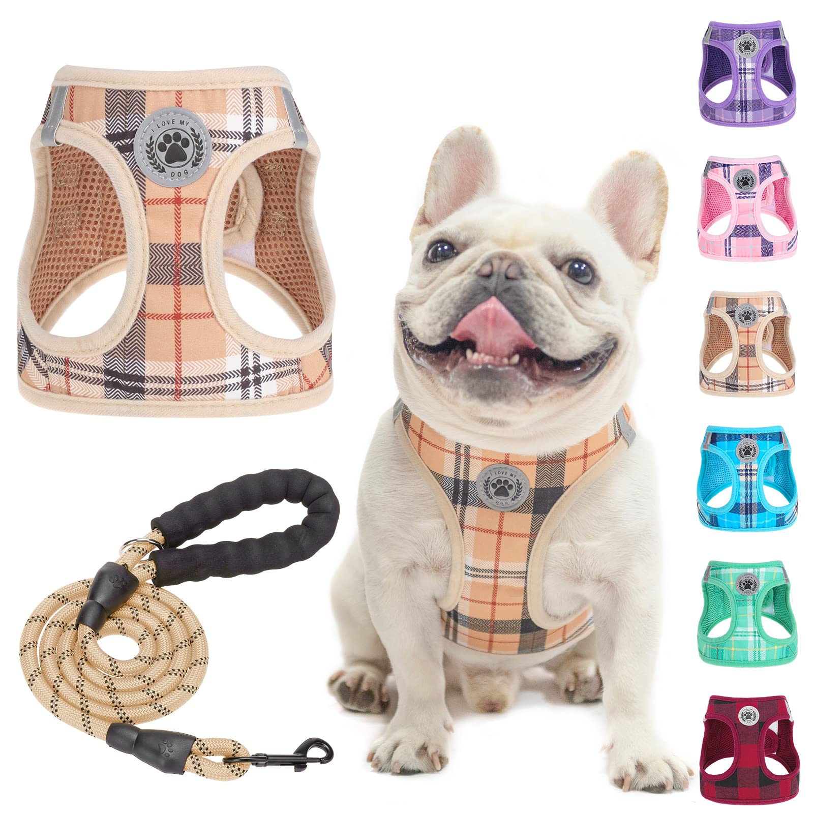 Arnés BEAUTYZOO para perros pequeños, malla transpirable y diseño plaid beige, ideal para paseos diarios.
