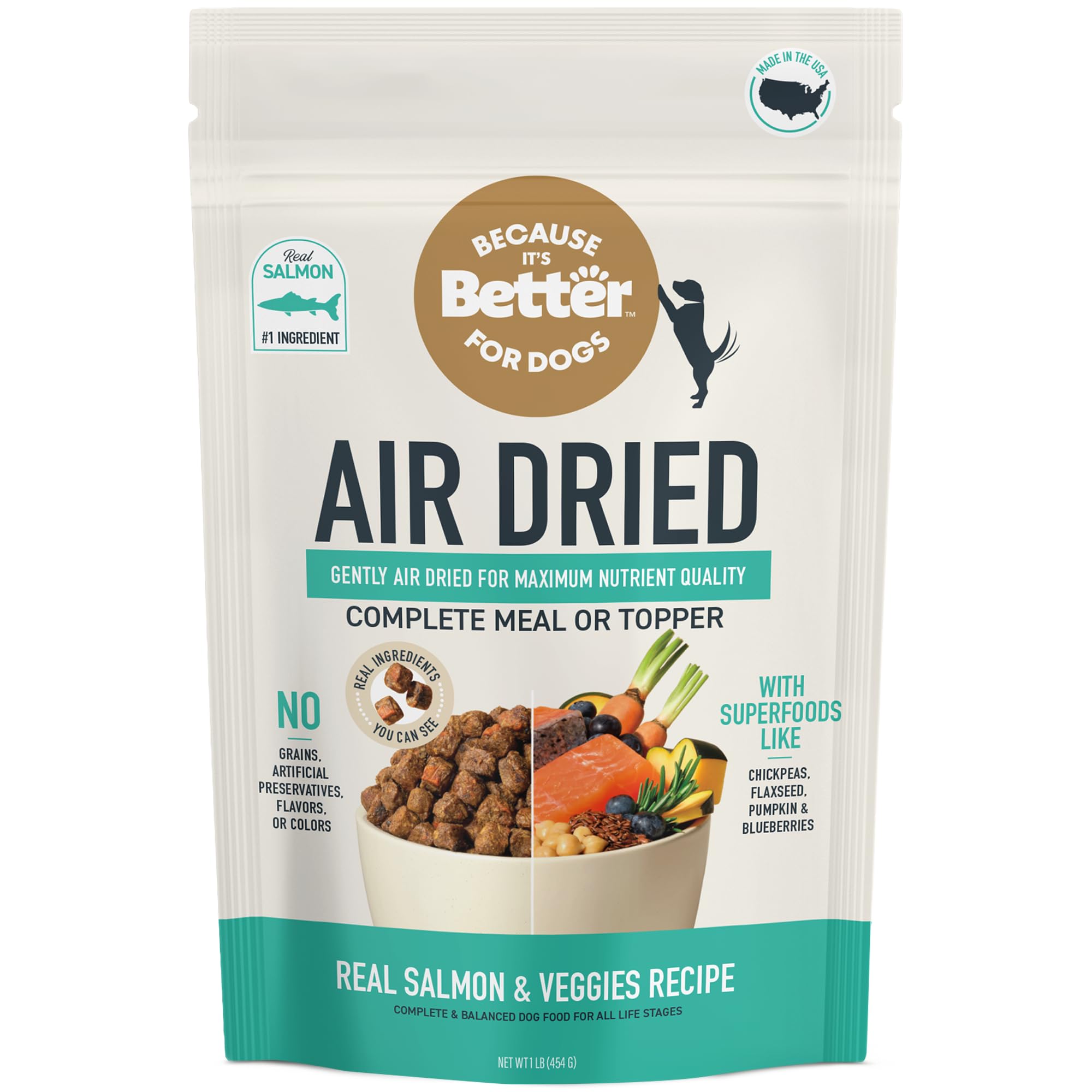 Because It’s Better: bolsa con salmón real, proteína de alta calidad para perros.