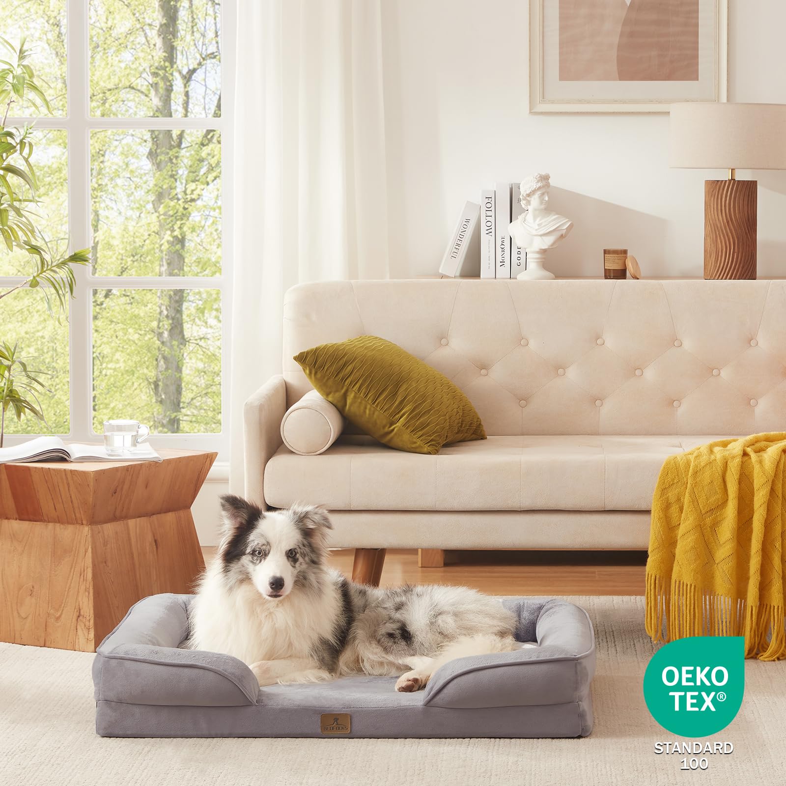 Bedfolks cama grande para perros, dimensiones 38x28 pulgadas, adecuada para razas grandes.