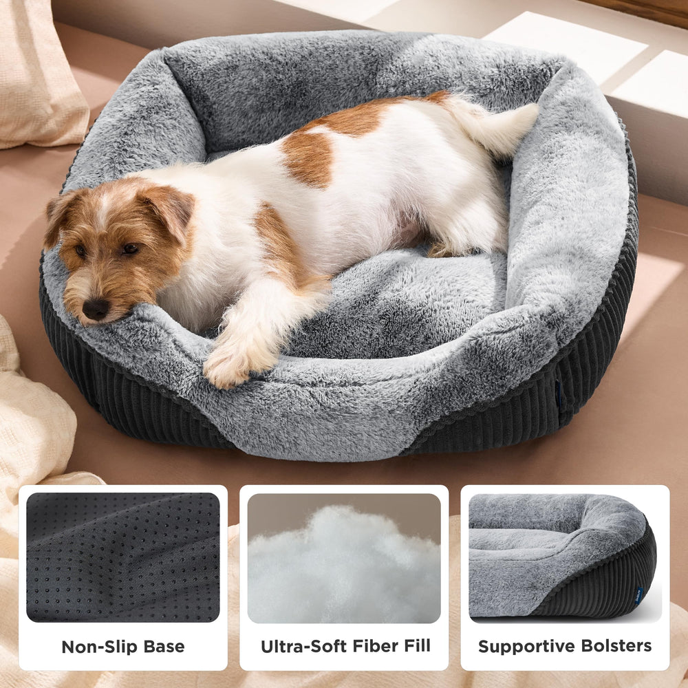 Bedsure cama para perro con base antideslizante en gris.