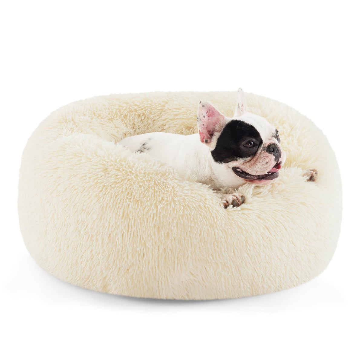 Bedsure cama para perros en forma de dona, 27 pulgadas, marfil, descanso cómodo.