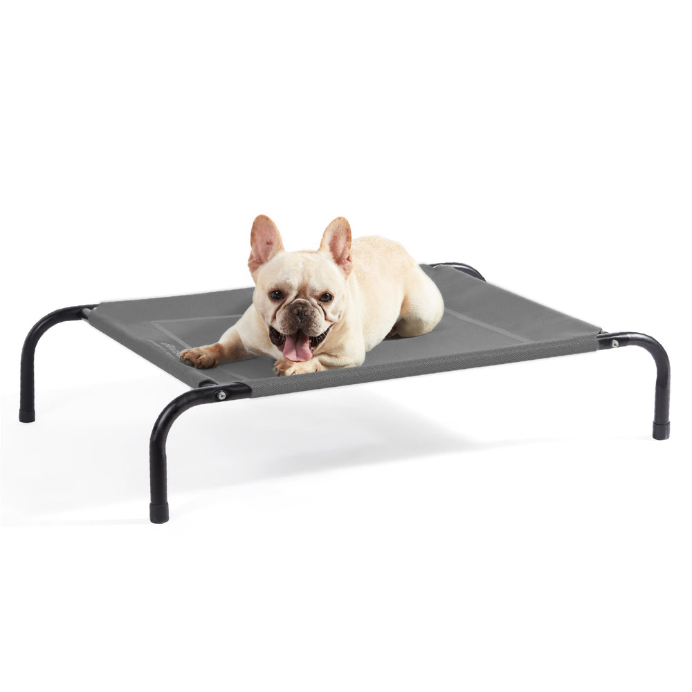 Bedsure cama para perro exterior elevada mediana en gris, ofrece malla transpirable y confort.