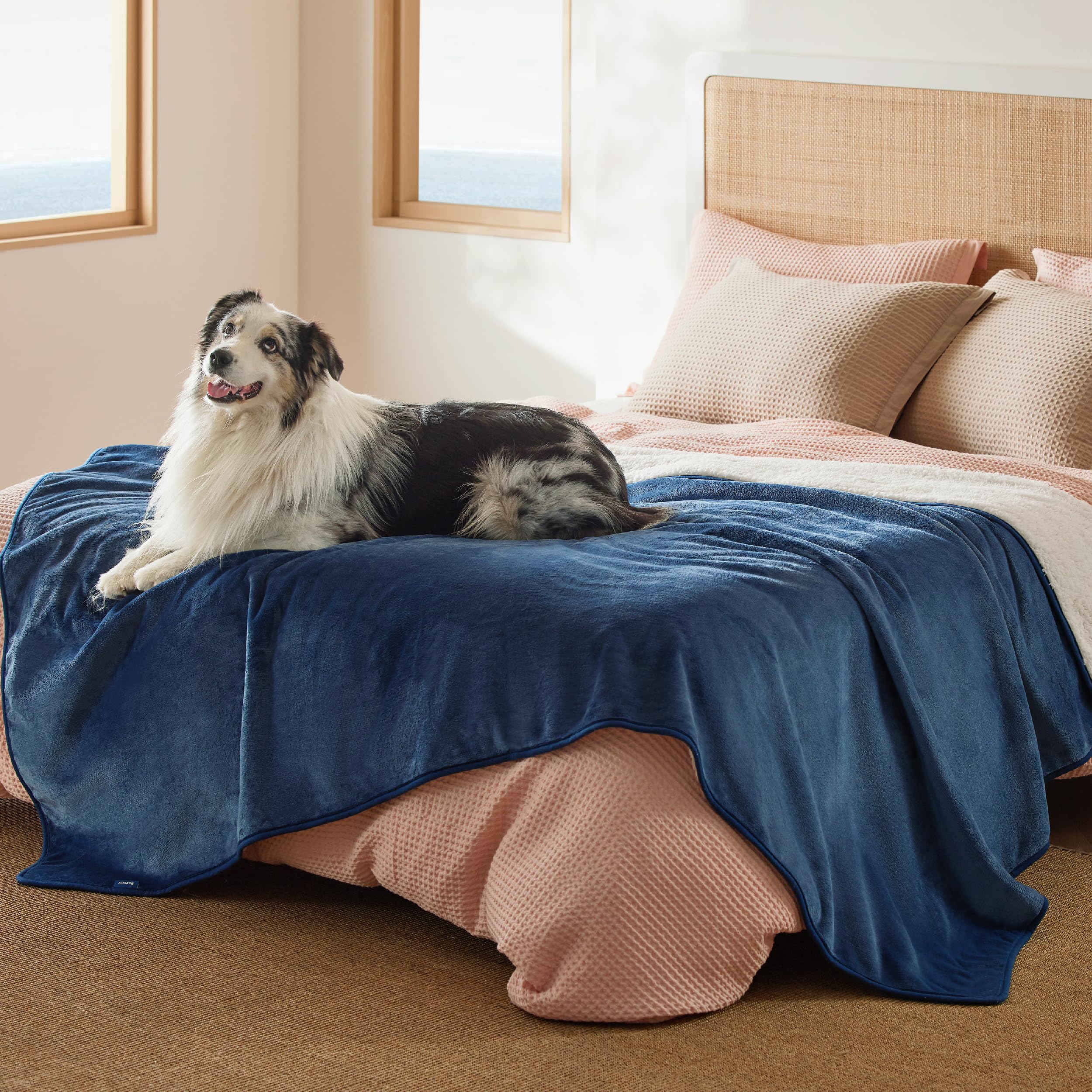 Bedsure manta impermeable con sherpa azul protege muebles y mantiene al animal cálido