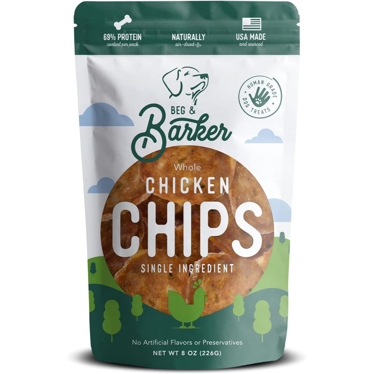 Chips de pollo Beg & Barker en envase, snack natural para perros