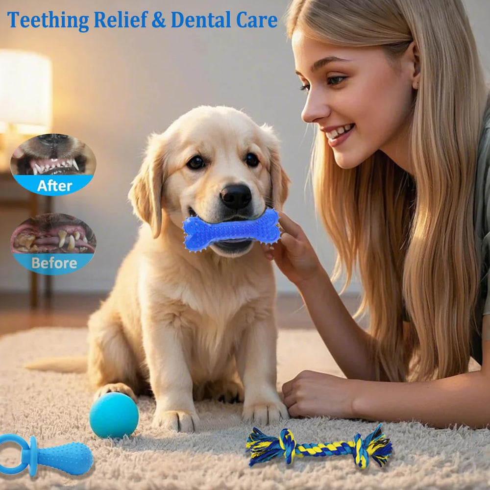 Beiker juguete de dentición de goma azul, ayuda a aliviar molestias de dientes.