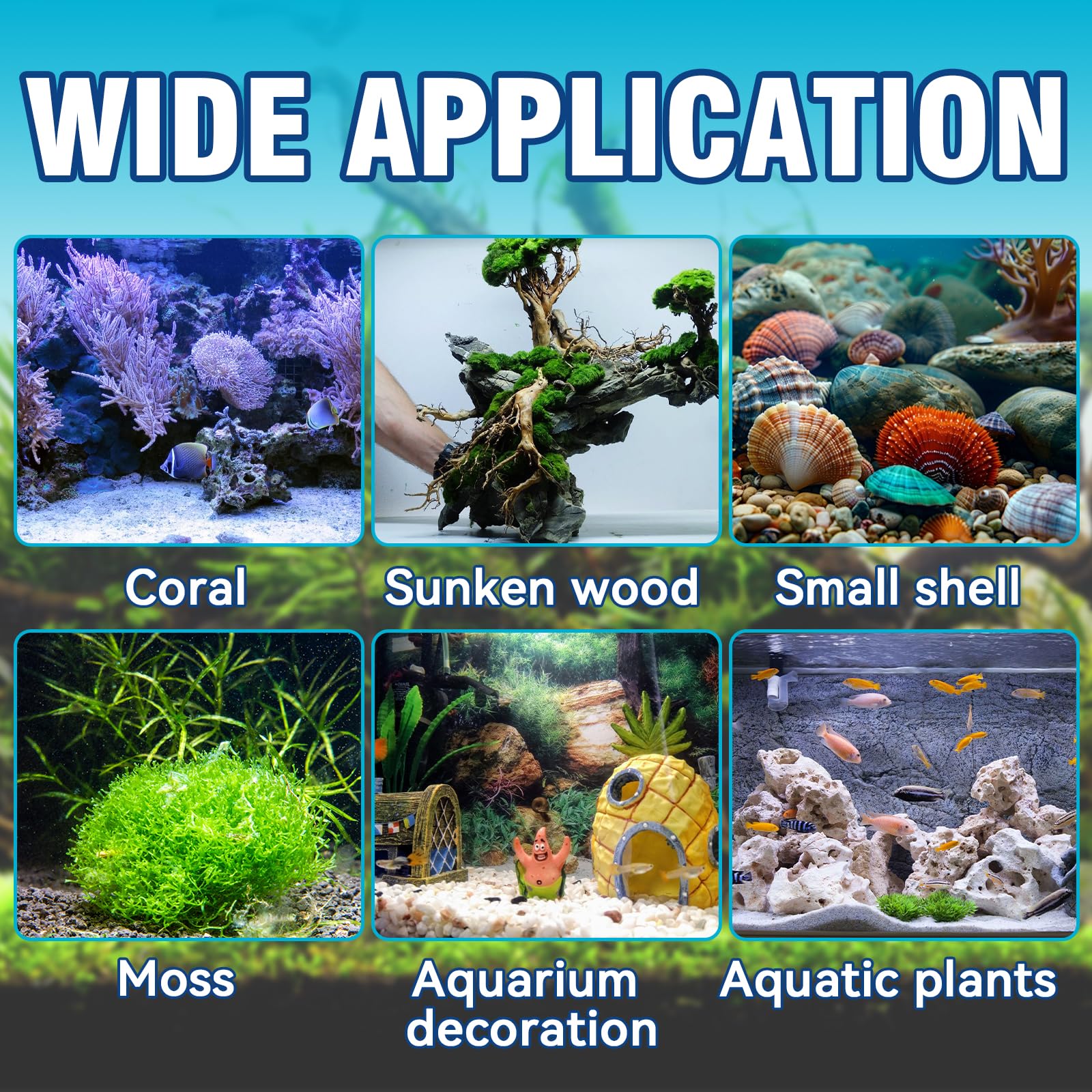 Bellisinno adhesivo para acuario, envase compacto facilita almacenamiento y uso repetido.