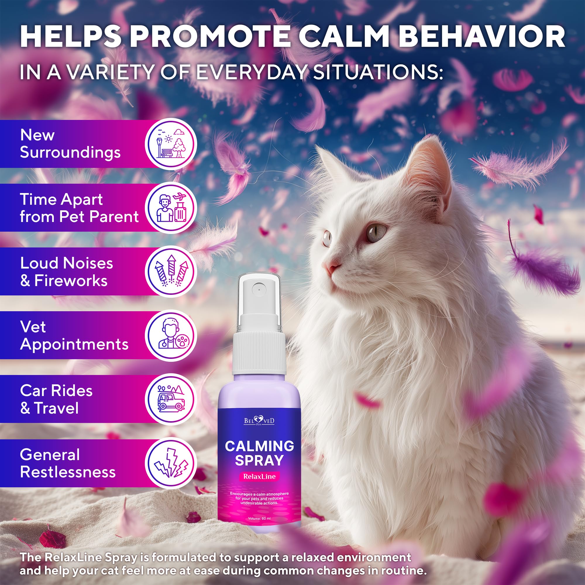 Frascos Beloved Pets de 60 ml con feromonas calmantes para gatos.