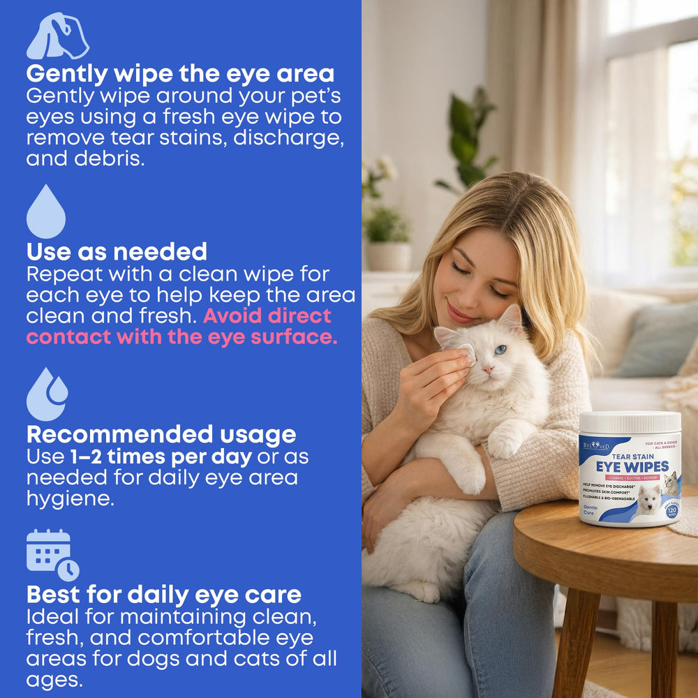 Beloved Pets: lavado ocular diario para perros, apoyo al cuidado ocular.