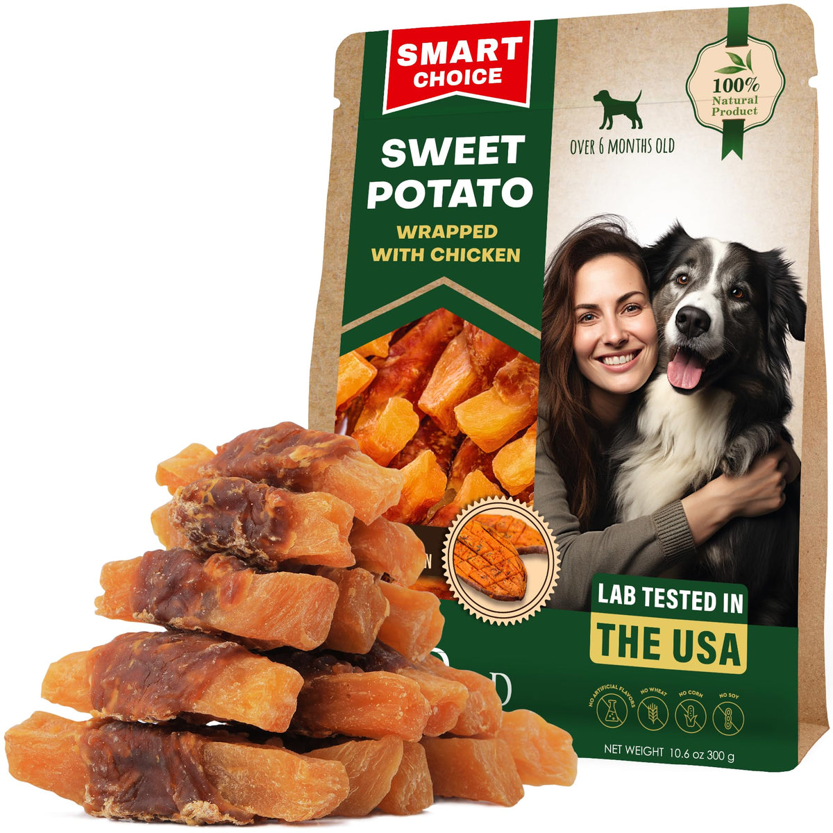 Friandise Beloved Pets patate douce enrobe poulet, récompense naturelle lors des entraînements.