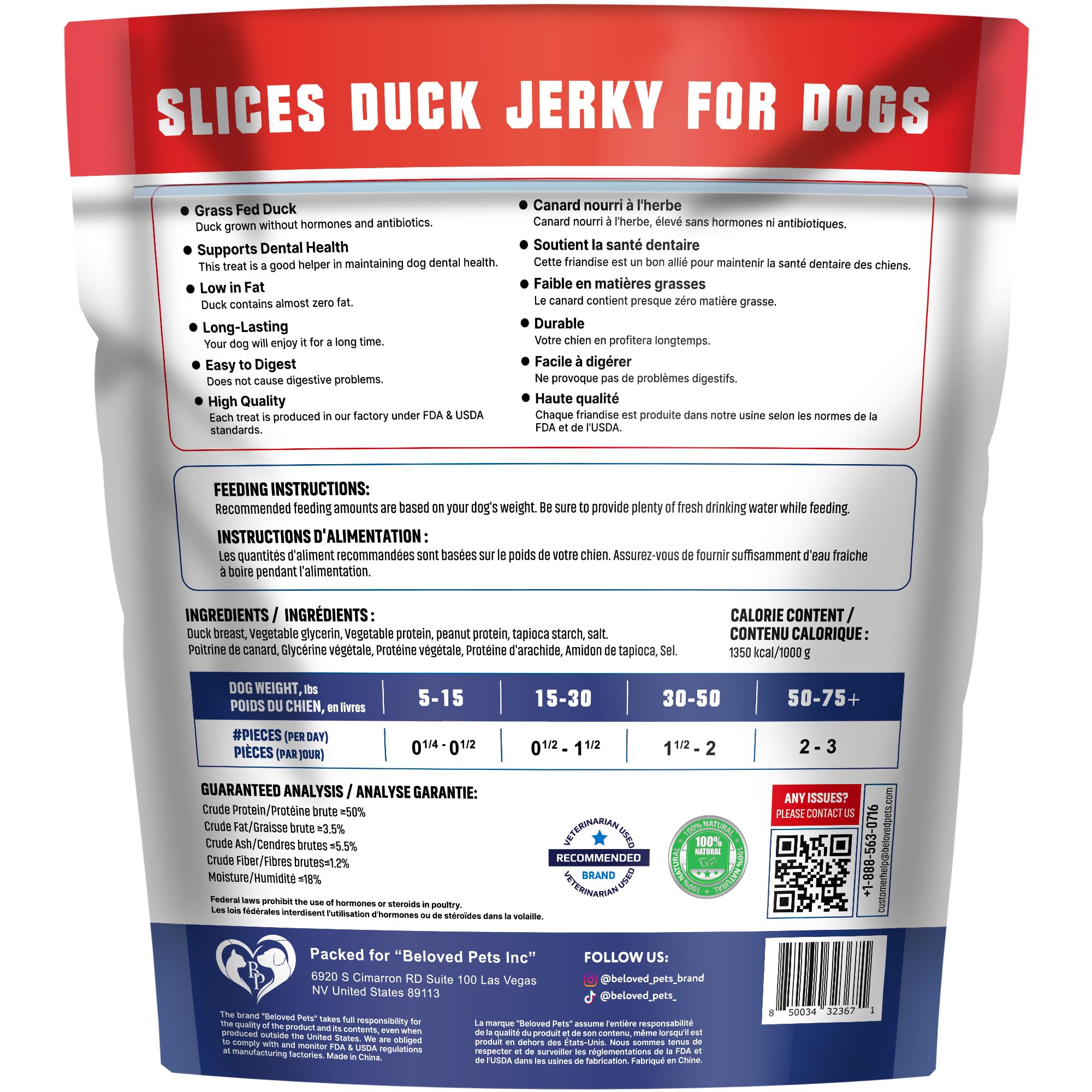 Beloved Pets snacks de pato de alta proteína para perros activos.