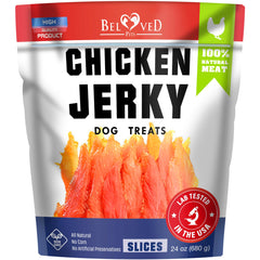 Beloved Pets tiras deshidratadas de pollo, alto contenido proteico para perros.