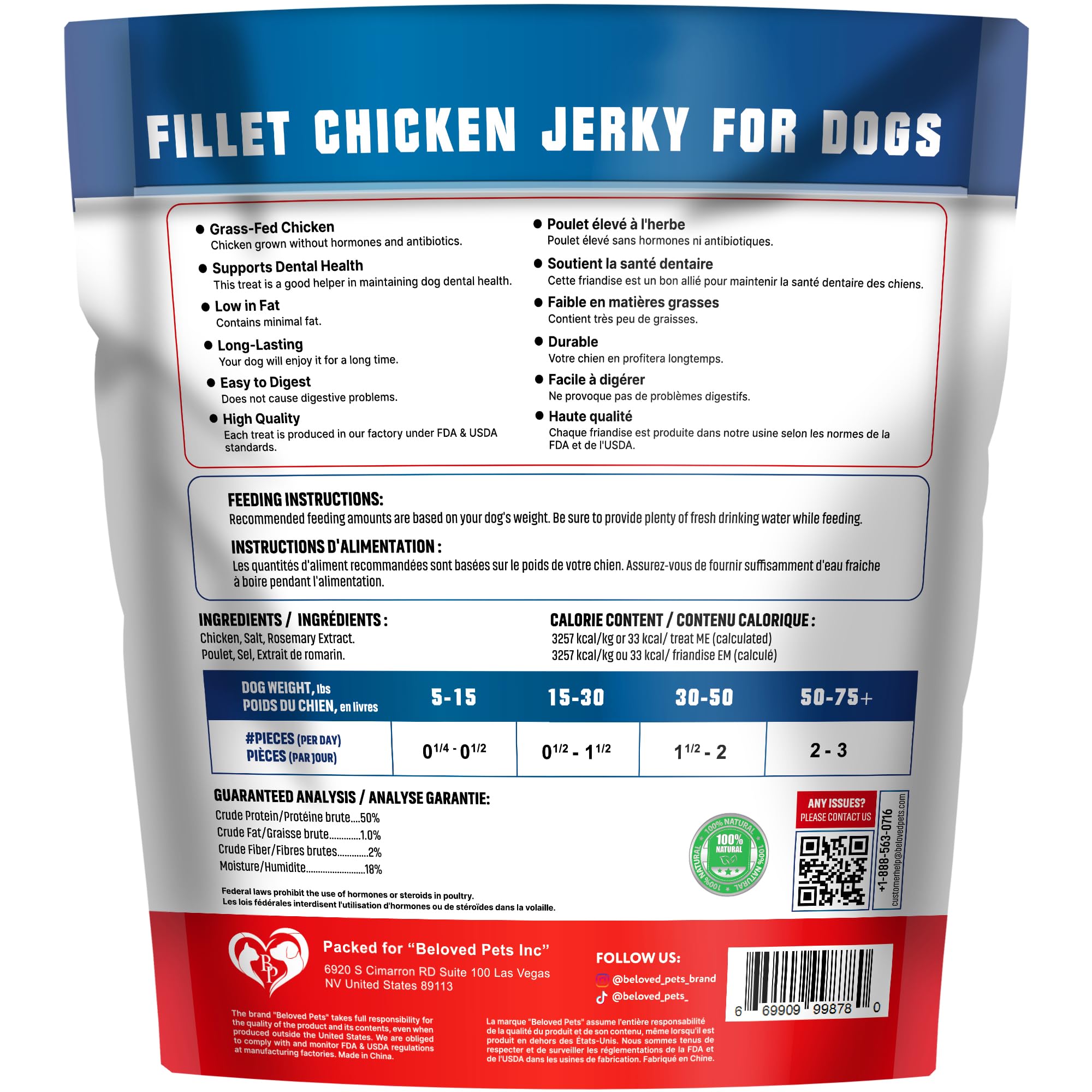 Trozos de pollo deshidratados Beloved Pets para snack saludable entre juego y paseo