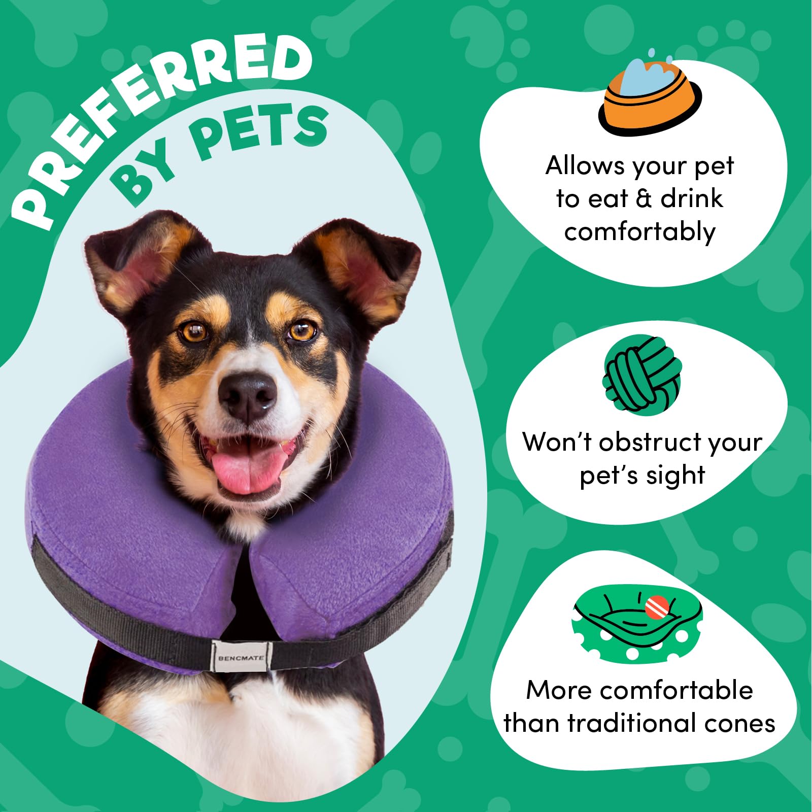 BENCMATE collar-cono inflable duradero y lavable, ideal para uso repetido.