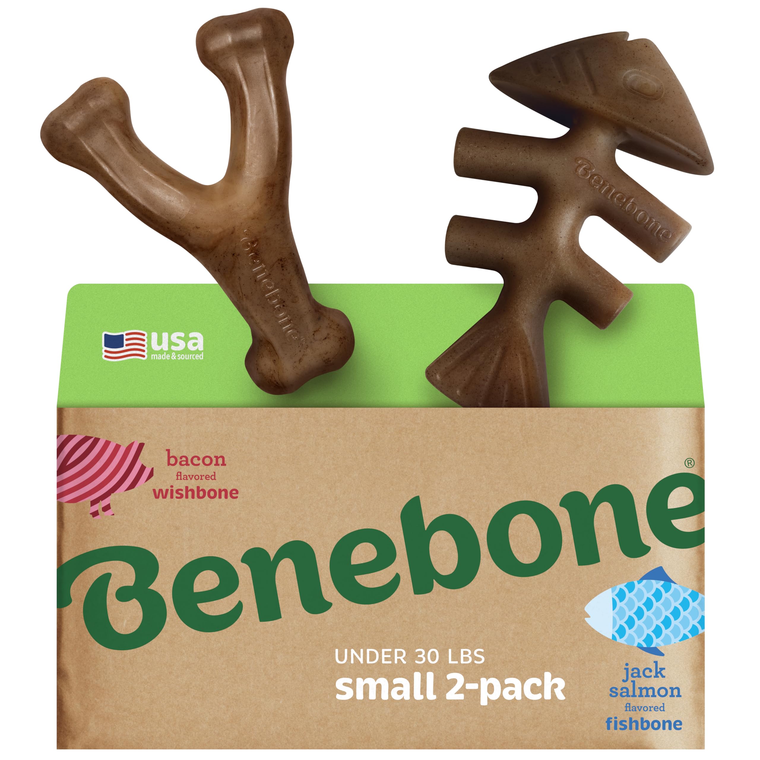 Benebone dos-pack Fishbone y Wishbone, masticación prolongada para perros.