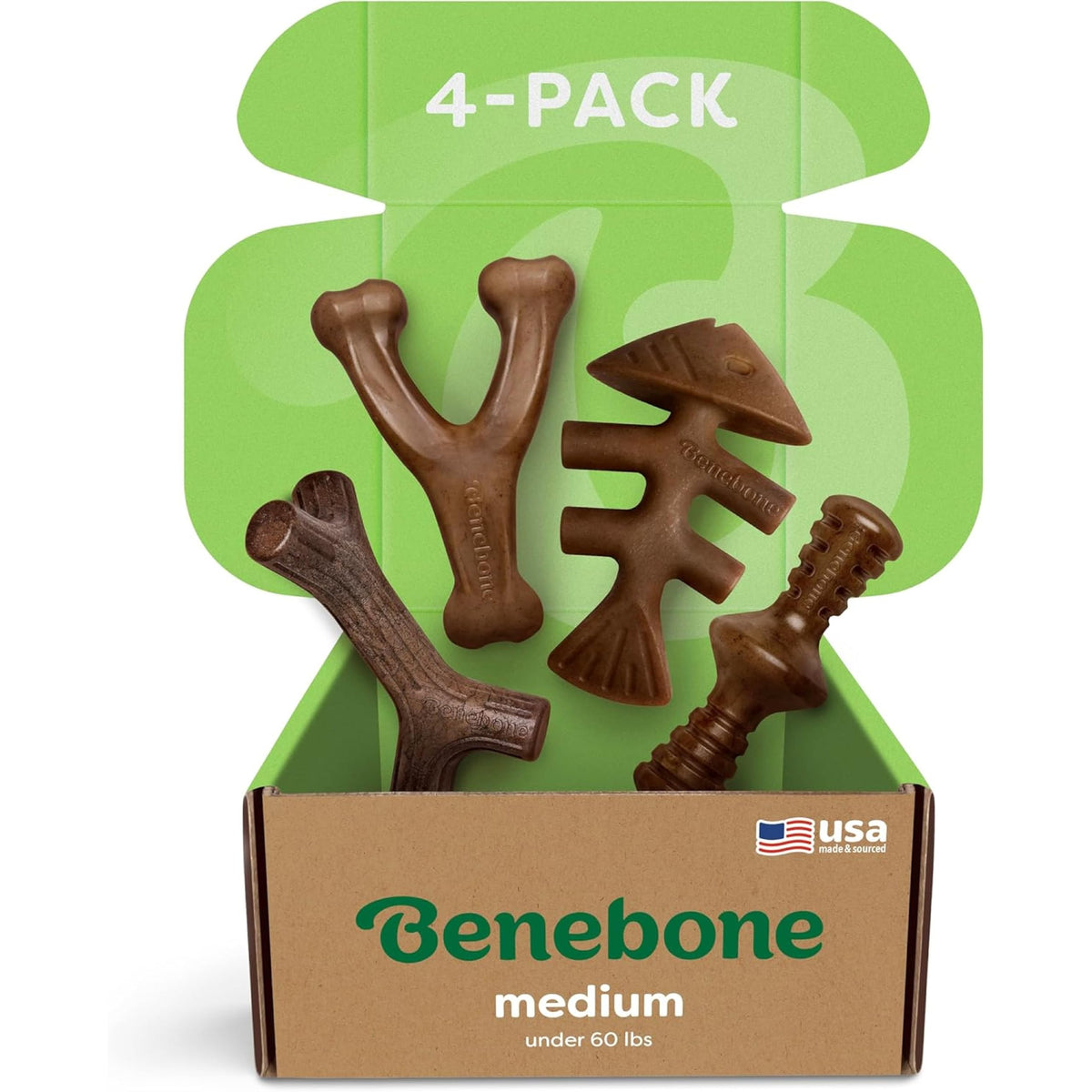 Benebone medio 4-pack: cuatro juguetes duraderos para masticadores activos.