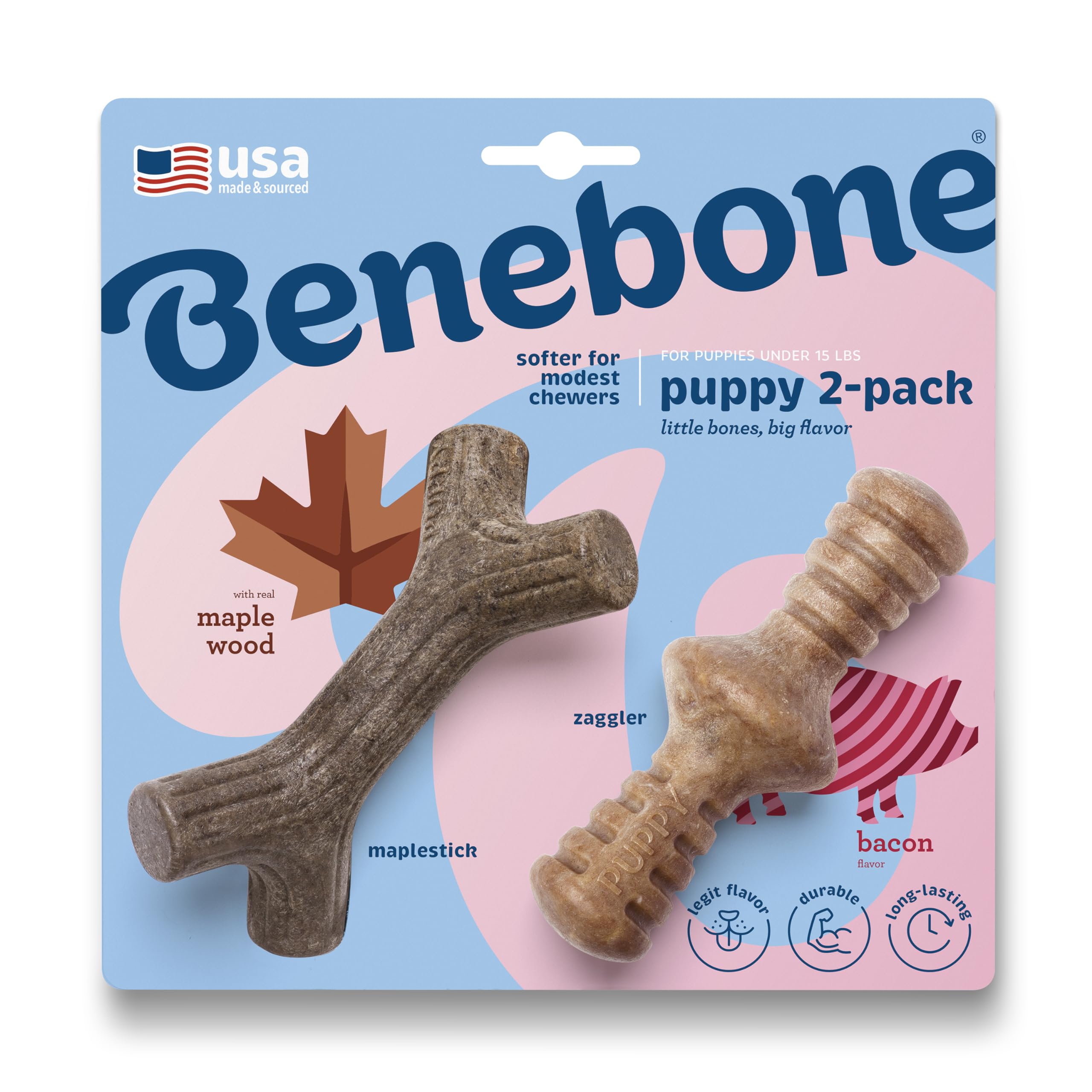 Benebone Puppy Maplestick Zaggler con madera de arce, duradero para mordidas suaves.
