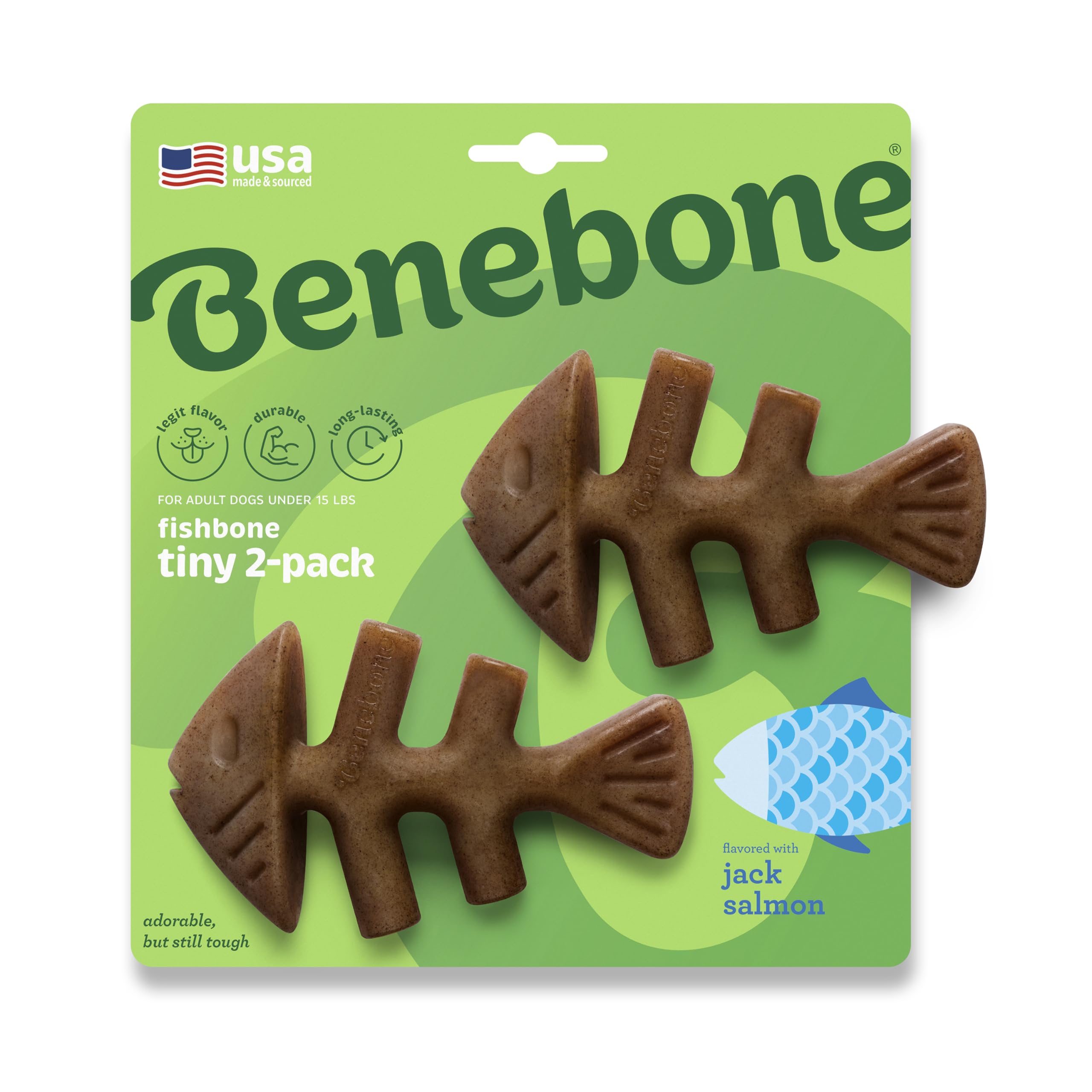 Benebone Tiny 2-Pack, hueso de pescado duradero para masticar por más tiempo.