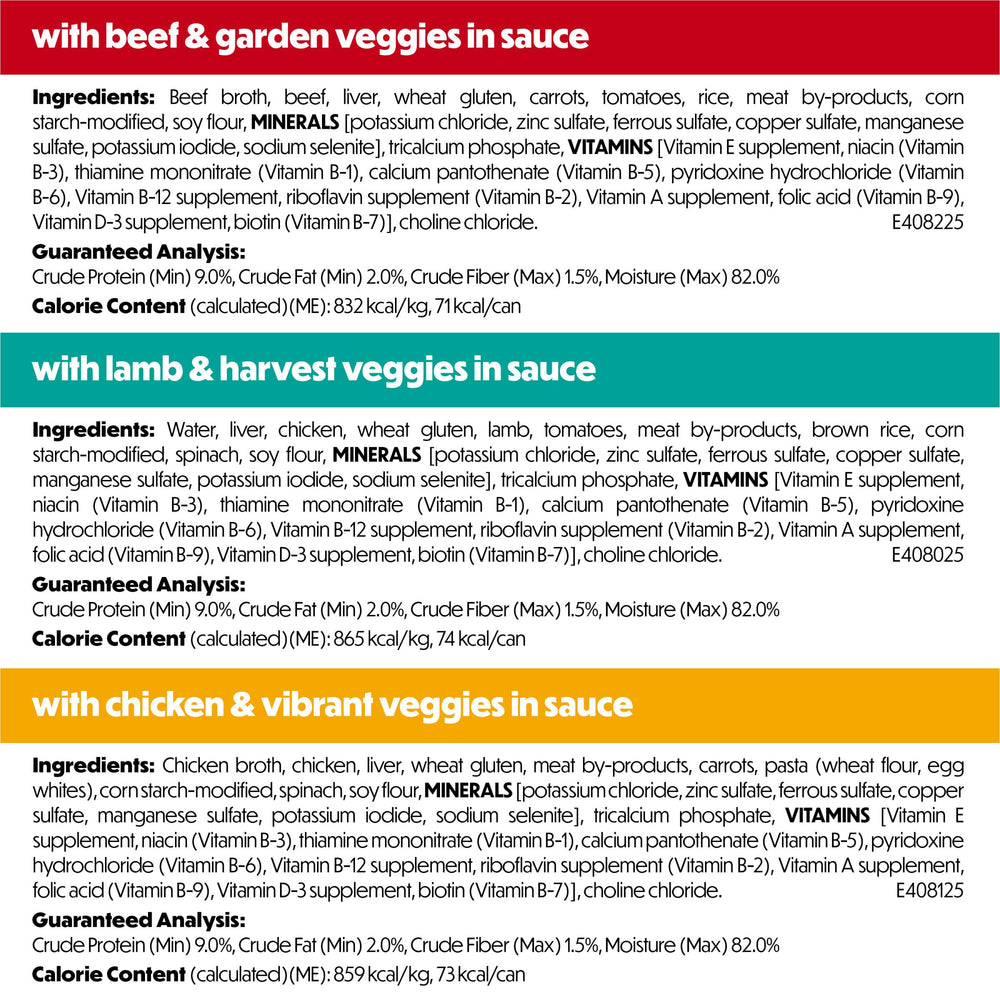 Beneful Creaciones de Cocina con verduras de cosecha en salsa trae trozos tiernos y sabrosos.