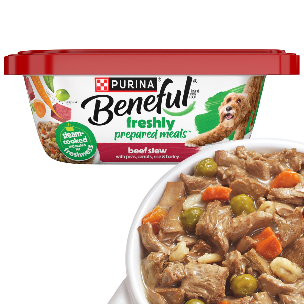 Beneful estofado de carne con guisantes y zanahorias para perros adultos.